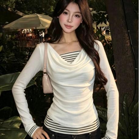 白色荡领条纹假两件长袖T恤女秋季新款韩系修身休闲风撞色上衣