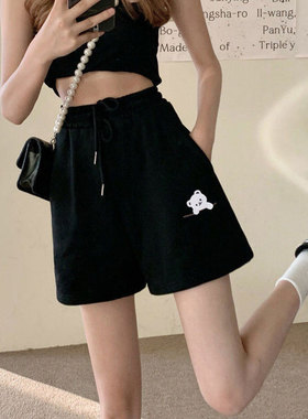 运动短裤女2024新款夏黑色休闲学生韩版宽松高腰显瘦五分阔腿裤子