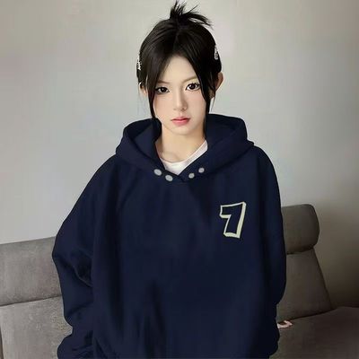 美式复古加绒高街纽扣连帽卫衣重