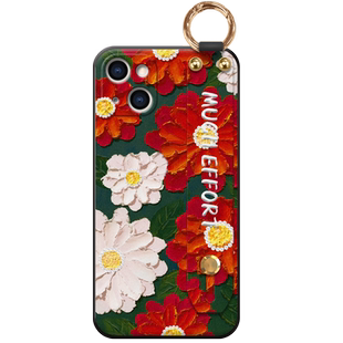 红色花朵适用于苹果13手机壳13promax复古pro油画mini腕带12pro新品x丝巾xsmax挂绳xr时尚6s镜头防摔软壳