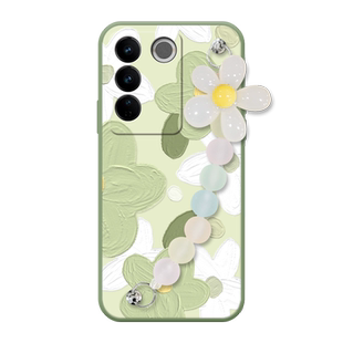 绿白花朵适用于vivos16手机壳s16pro创意s15e新款s15pro手链s12油画花朵s12pro硅胶s10镜头s9全包s7保护壳