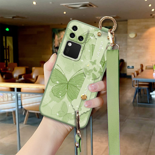 浅绿金箔蝶适用于vivos18手机壳s18pro新款s18e蝴蝶s17pro个性s16女款s15腕带s15pro斜挎挂绳s12硅胶s10软壳