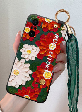 红色花朵适用于红米k40手机壳k40pro复古k30油画至尊版note10腕带9pro新品9丝巾10x挂绳5g时尚保护壳