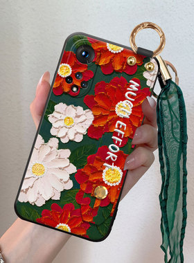 红色花朵适用于荣耀50手机壳50pro复古se油画v40轻奢版腕带v30新品30pro丝巾x20se挂绳play5t时尚保护壳