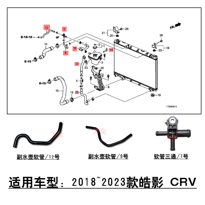 适配皓影CRV1.5T水箱散热副水壶冷却液壶软管水管三通接头小胶管
