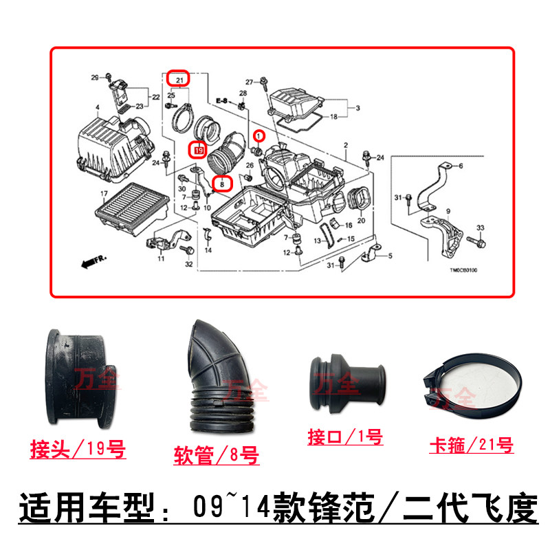适用09~14款2代飞度锋范空气滤格上盖进气软管接头卡箍接口胶套