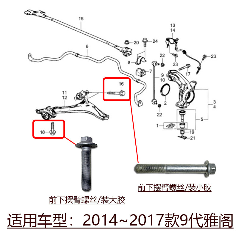 适用于2014~2017款9代雅阁前下摆臂悬挂大小胶套固定螺丝原装
