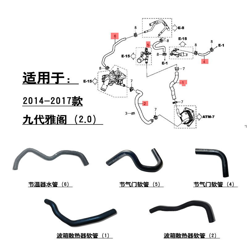适用14-17款9代雅阁2.0进气歧管节气门软管波箱节温器冷却液水管