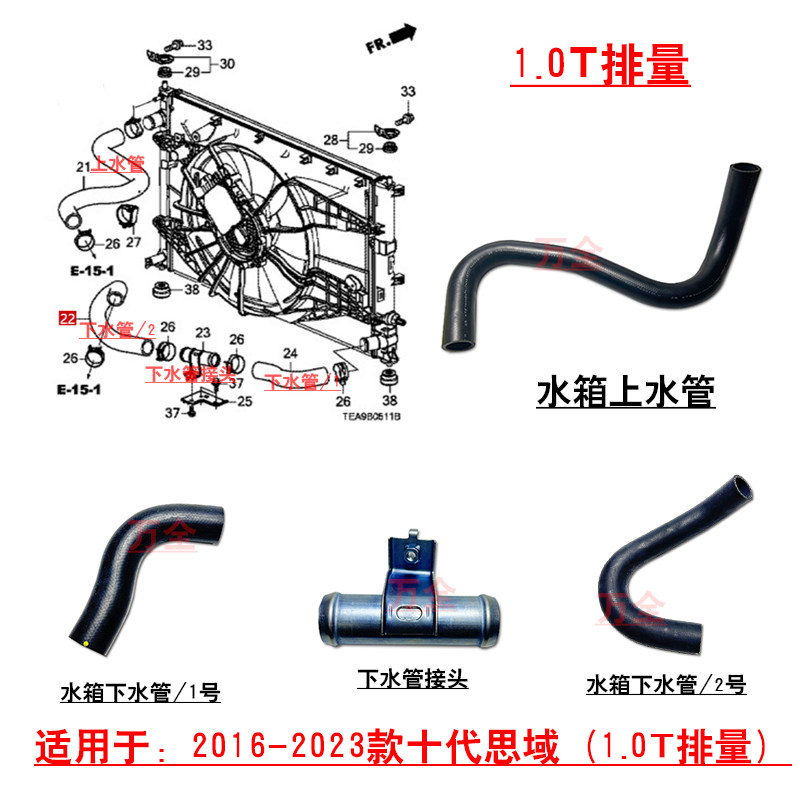 适用于16-23款十代思域1.0T水箱上下水管直通接头支架进出水软管