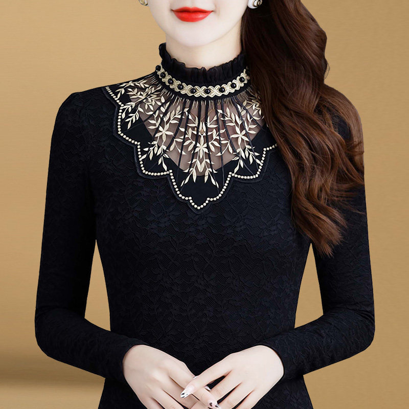 高领蕾丝打底衫女长袖2021年秋冬新款镂空内搭加绒加厚气质小衫潮