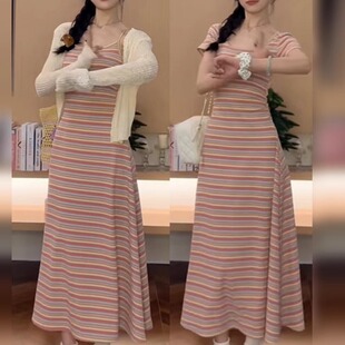 茶歇法式彩虹条纹连衣裙女2025新款夏季小个子超好看梨形身材长裙
