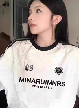 纯棉美式三条杠灰色短袖t恤女夏季宽松慵懒国潮高街情侣半袖上衣