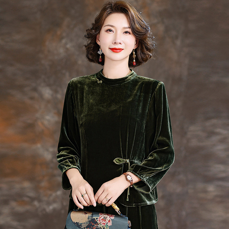 金丝绒衬衫女装长袖t恤秋冬季洋气衬衣小衫妈妈高端打底真丝上衣