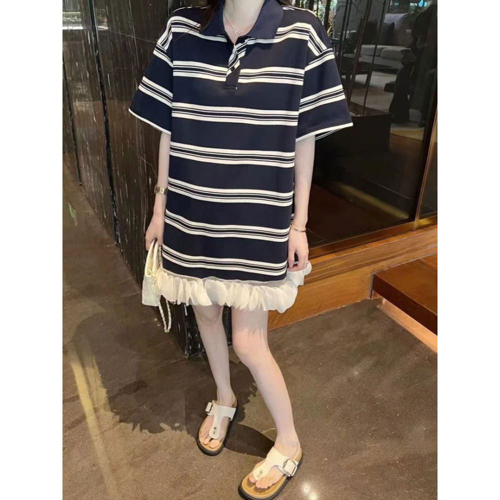 Polo领条纹短袖t恤裙夏季大码女装胖mm显瘦法式荷叶边拼接连衣裙