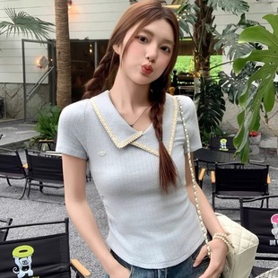 上衣 设计感坑条短袖 t恤女2025夏季 新款 蓝色翻领细褶收腰显瘦短款