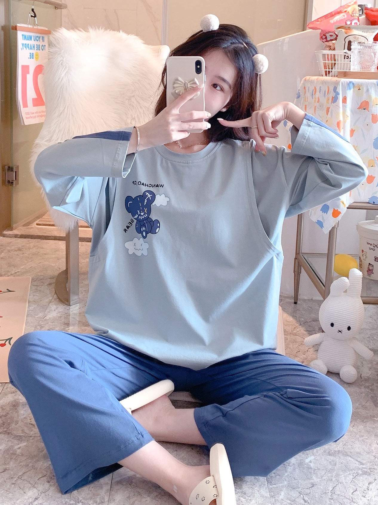 봄과 가을 플러스 사이즈 출산 잠옷 순면 산후 모유 수유 의류 9 월 10 일 임신복 땀 흡수 나들이 3