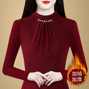 保暖内衣女加厚加绒秋冬季新款上衣蕾丝网纱内搭自发热打底衫大码