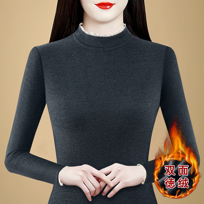 新德绒保暖加厚长袖内衣服蕾丝边