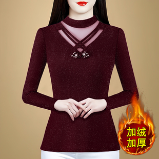 保暖内衣女秋冬季大码中老年妈妈装加绒加厚蕾丝半高领打底衫上衣