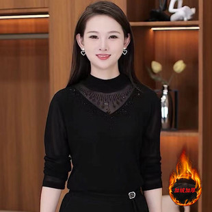 大码发热加绒打底衫女上衣秋冬季新款发热保暖内衣加厚长袖蕾丝边