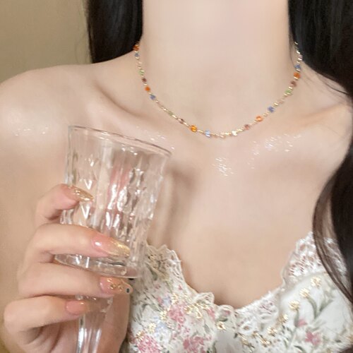 彩色水晶串珠春夏项链女颈链