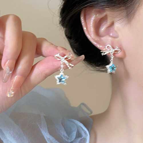 蓝色爆款蝴蝶结星星耳钉高级感