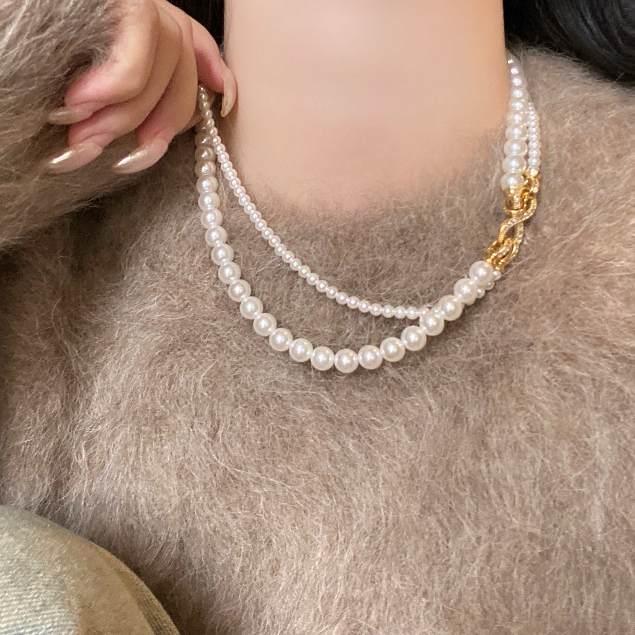 双层叠戴珍珠项链女秋冬高级感