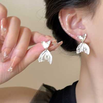 人鱼尾银色气质耳钉s925银针百搭