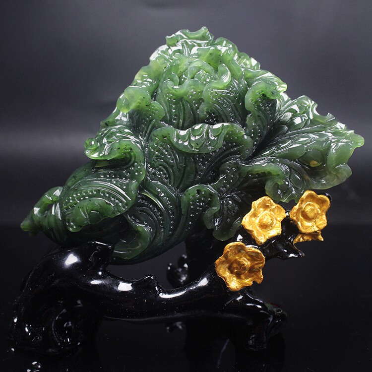 天然新疆和田碧玉白菜摆件玉山子百财菠菜绿玉石摆件客厅礼物高档
