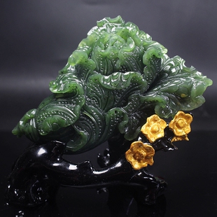 天然新疆和田碧玉白菜摆件玉山子百财菠菜绿玉石摆件客厅礼物高档