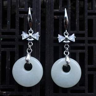 天然翡翠A货玉平安扣耳环玉耳坠耳钉 925银耳钩长款耳饰女简约