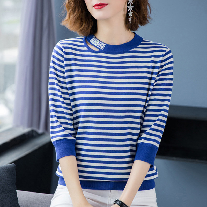 条纹T恤女七分袖宽松韩版百搭半袖上衣夏季套头中长袖内搭打底衫