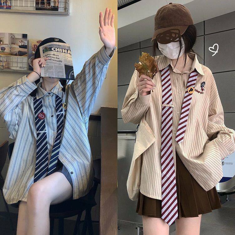 条纹衬衫女春秋季新学院风宽松古着vintage感学生领带衬衣闺蜜装