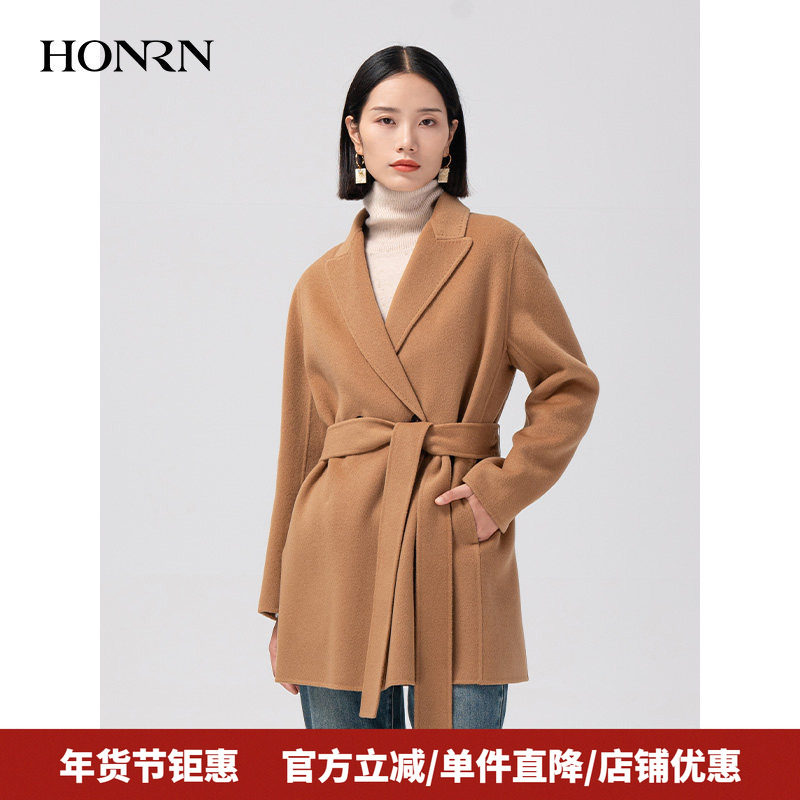 HONRN/红人西装领细带收腰双面羊毛呢子大衣外套女秋冬HI59OD008