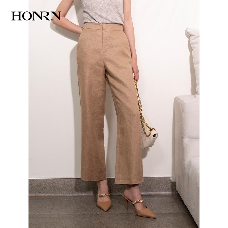 HONRN/红人宽松亚麻裤子直筒阔腿裤休闲裤西装裤女春秋HI11OK212