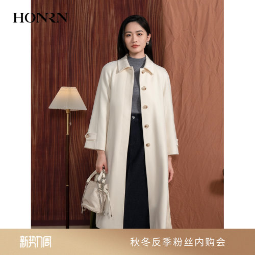 HONRN/红人白色山羊绒羊毛呢大衣