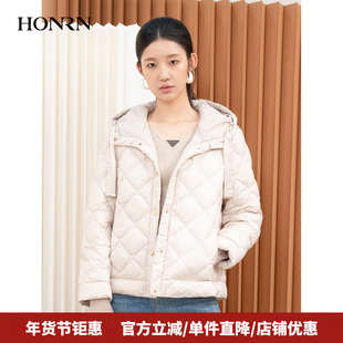 HONRN/红人白色轻薄连帽白鹅绒羽绒服外套女短款秋冬季HI33YR080
