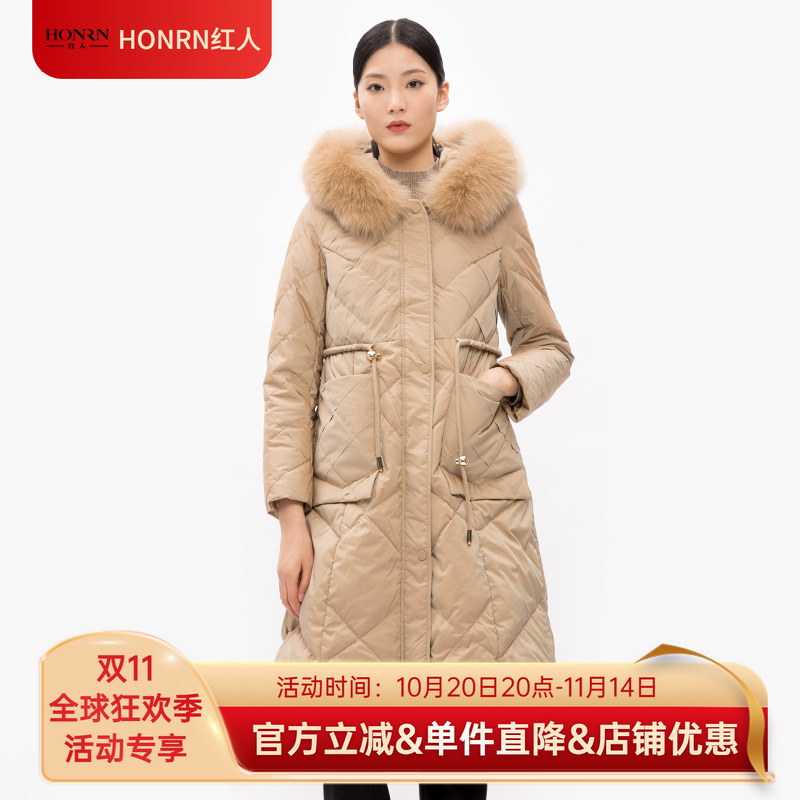 红人大毛领连帽白女冬中抽绳收腰