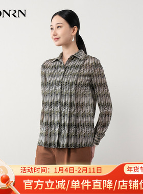 HONRN/红人绿色休闲条纹印花长袖衬衫上衣女设计感小众HH11OC294