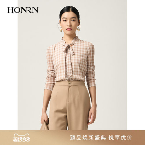 HONRN/红人木耳边领口格子衬衫