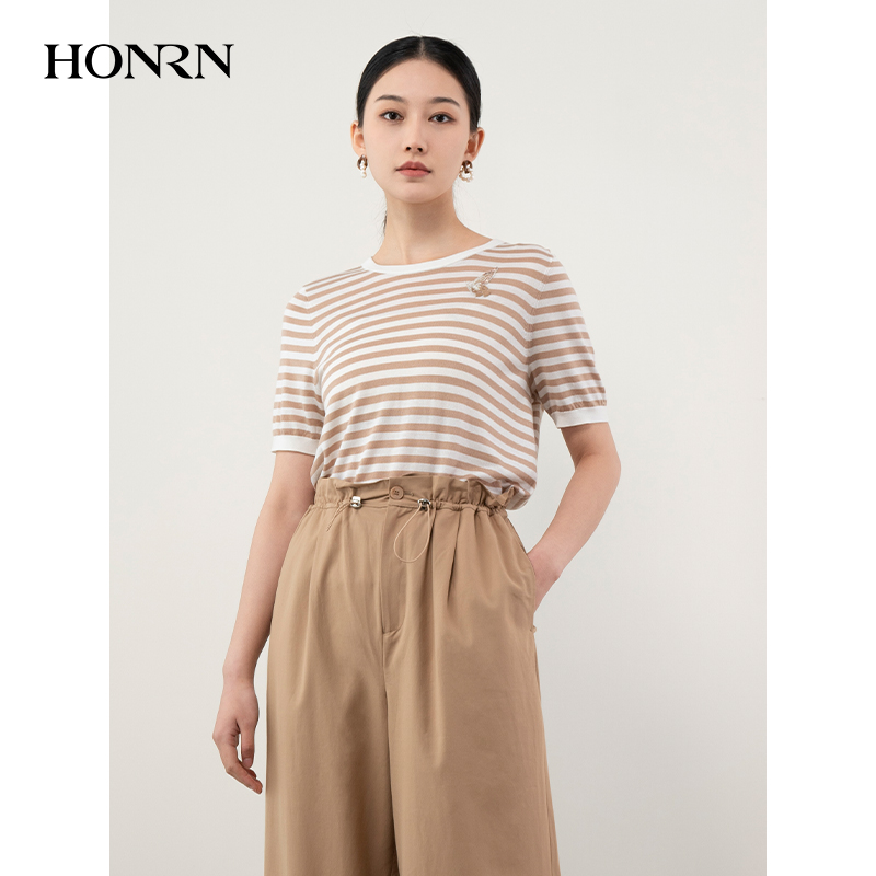 HONRN/红人宽松薄款圆领条纹短袖套头针织衫t恤上衣女夏HH22OM672