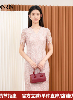 HONRN/红人蕾丝刺绣v领短袖收腰气质款宴会连衣裙女秋冬HI55OL193