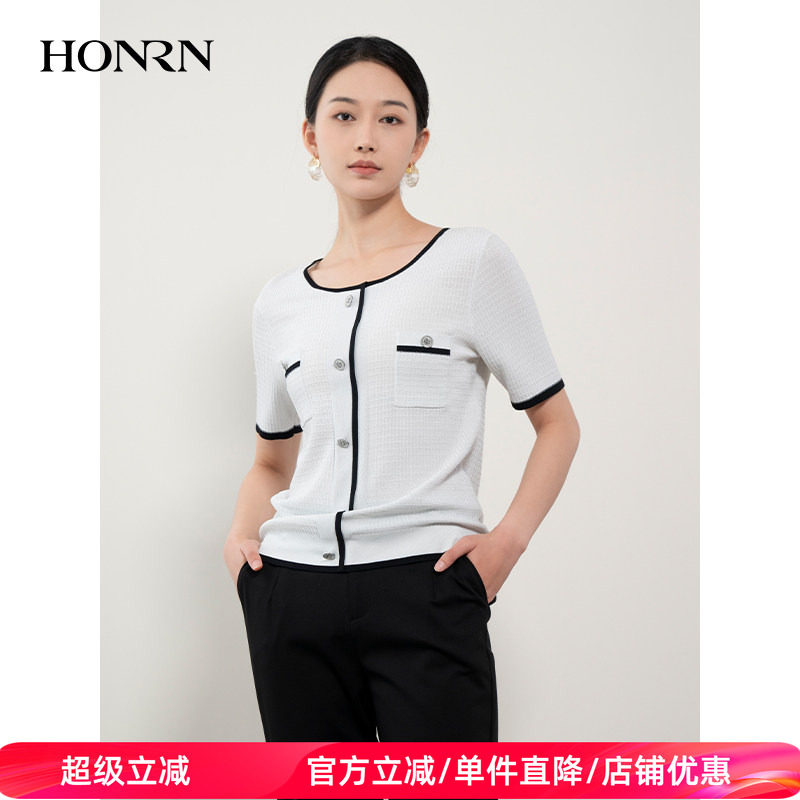 HONRN/红人白色修身打底内搭短袖圆领针织衫上衣女春秋HH11OM680