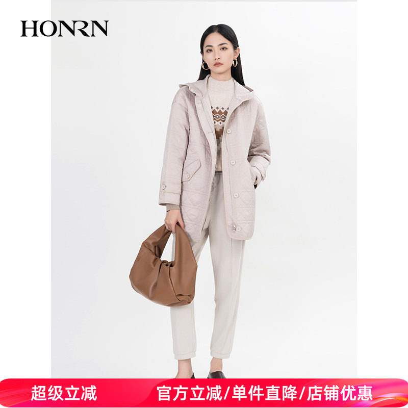 HONRN/红人休闲菱格连帽棉衣棉服外套上衣女中长款冬季HH55MA598