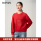 HONRN 红人休闲宽松红色圆领套头无帽卫衣上衣女春秋款 HJ11SY038