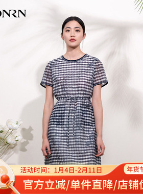 HONRN/红人桑蚕丝真丝棉系带收腰显瘦圆领a字连衣裙女夏HI22OL729