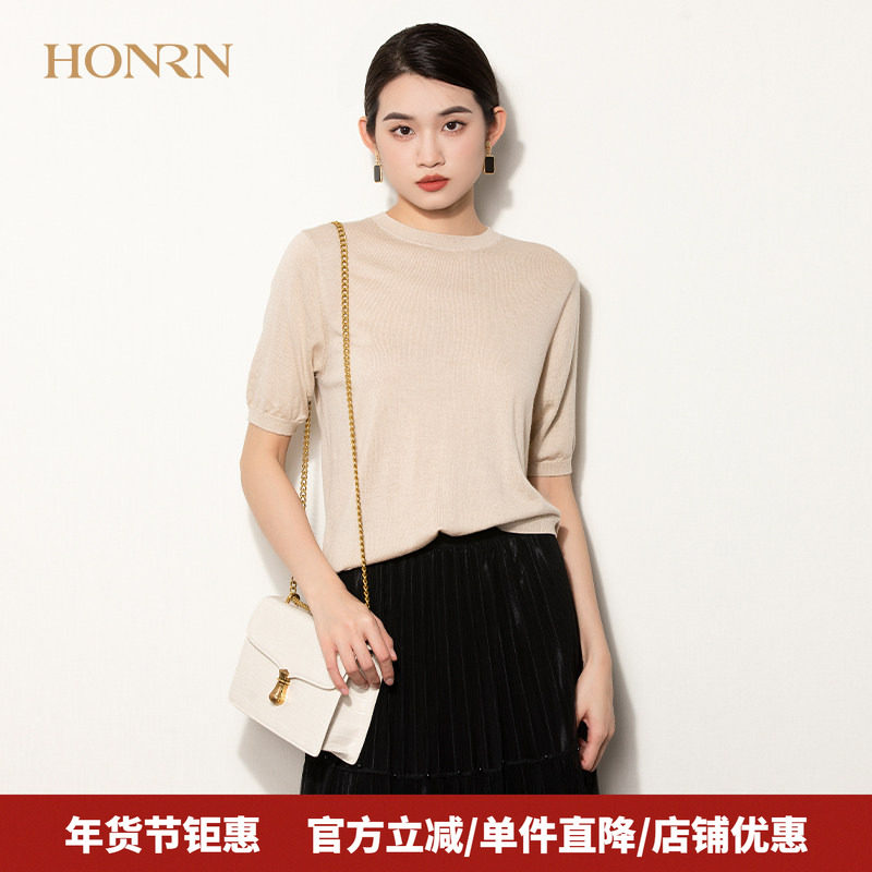 HONRN/红人修身显瘦薄款短袖圆领羊毛针织衫上衣正肩t恤女夏季