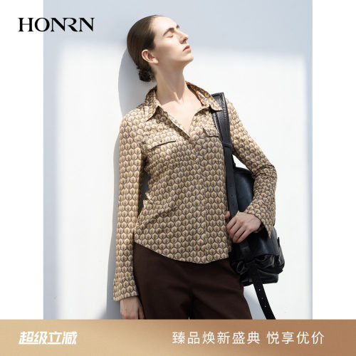 HONRN/红人复古印花长袖翻领衬衫