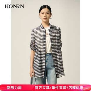 宽松休闲衬衣HJ22OC742 女五分袖 HONRN 红人桑蚕丝棉格子印花衬衫