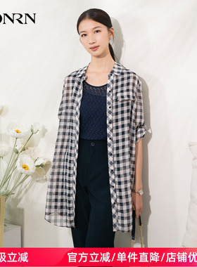 HONRN/红人宽松休闲薄款中长款格子衬衣衬衫女上衣夏季HI22OC577